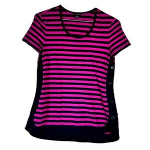 Nautica Top Women's S‎  Short Sleeve Tshirt Rounded Sides Striped Fuchsia Navy
